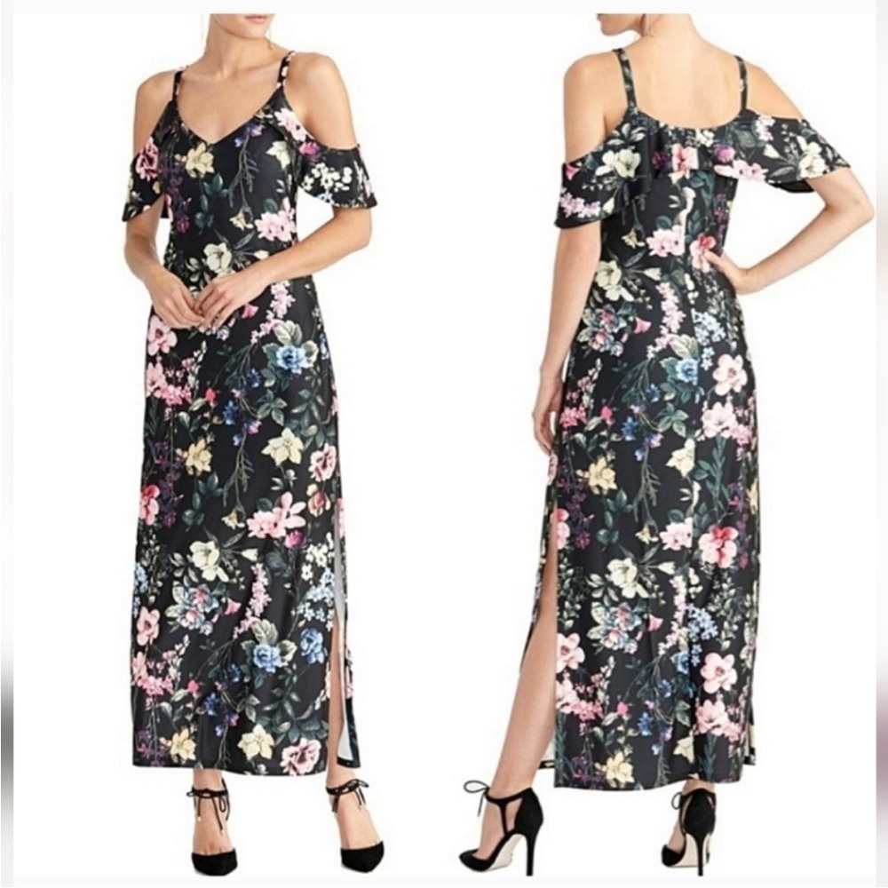 New Medium Rachel Roy Floral Cold Shoulder Maxi Slit Dress Black PROM Wedding